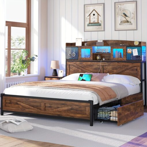 Queen Size Bed Frame With Headboard & 4 Drawers, Platform Metal Bed Frame Queen Size With Led Light And Charging Station, Spring Needed, Rusticoak