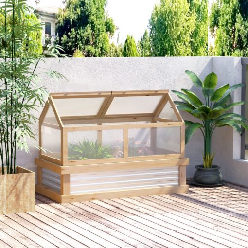 Raised Garden Bed With Greenhouse Top, Garden Wooden Cold Frame Greenhouse Flower Planter Protection With 2 Roofs, 122x 61 X 82cm, Natural