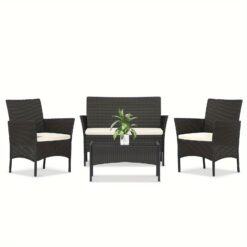 Rattan Garden Furniture Set, 4 Piece Patio Rattan Furniture Sofa Weaving Wicker Includes 2 Armchairs, 1 Double Seat Sofa And 1 Table