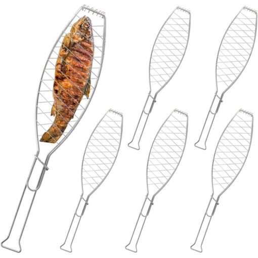 Relaxdays - 6x Fish Roaster, Stainless Steel, Handle, Grid for Barbecue, Seafood, Vegetables, 1.5 x 52 x 12.5 cm, Silver