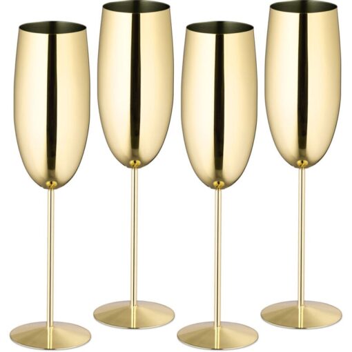 Relaxdays - Champagne Glass, Set of 4, Stainless Steel, Shatterproof, Long Cooling Effect, 250 ml, for Apéritifs, Gold