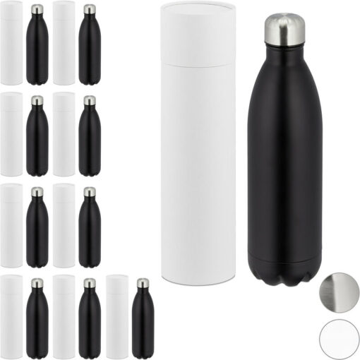 Relaxdays Set of 10 Vacuum Insulated Bottles, Drinking Flask, 1 Litre, Portable, Stainless Steel, Leakproof, Black