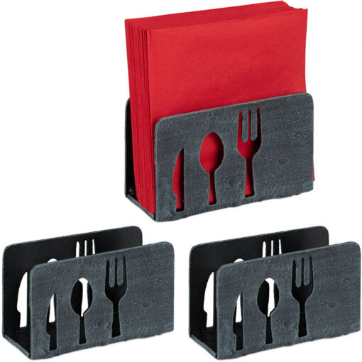 Relaxdays - Set of 3 Napkin Holders, 33x33 Serviettes, Heavy-Duty, Model, Cast Iron, Organiser, Grey