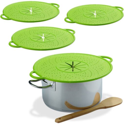 Relaxdays - Set of 4 Silicone Pot Watchers, Spill and Boil Over Cover, Heatproof, 30 cm ø, Green