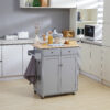 Rolling Kitchen Island On Wheels, Utility Serving Cart With Rubber Wood Top, Towel Rack, Hooks And Storage Drawers, Grey