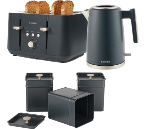 SALTER Marino Kettle, 4-Slice Toaster & Storage Cannister Set Bundle - Blue Grey