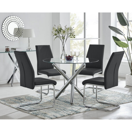 Seline Modern Round Dining Table Set in Glass and Chrome with 2 Upholstered Faux Leather Chairs