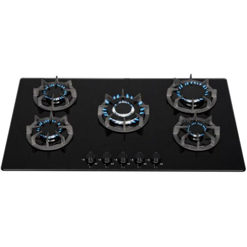 Sia BGH90BL 90cm Black 5 Burner Gas On Glass Hob Cast Iron Supports lpg Kit