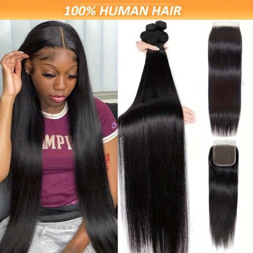 Silky Straight Human Hair Weave With 4x4 Frontal Closure - Natural Look, Free Part, 370g Pack For Women