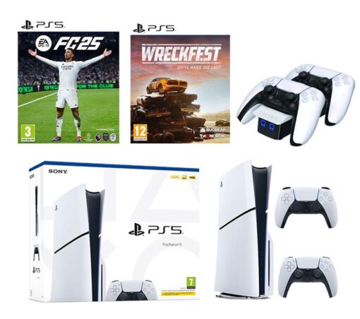 Sony PlayStation 5 (Model Group - Slim), EA Sports FC 25, Wreckfest, DualSense Wireless Controller (White) & Twin Docking Station Bundle, White