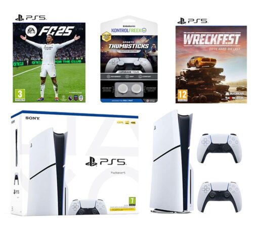 Sony PlayStation 5 (Model Group - Slim), EA Sports FC 25, Wreckfest & DualSense Wireless Controller (White) Bundle, White