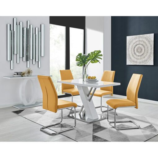 Sorro Cross Luxury High Gloss & Chrome Dining Table Set with 4 Upholstered Faux Leather Chairs