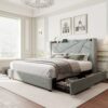 Storage Bed Frame With 4 Drawers, Upholstered Platform Bed Frame With Charging Station And Wingback Storage Headboard, Spring Needed