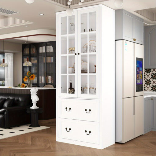 Storage Cabinet With 2 Drawers And Shelves, Bookcase Bookshelf 2 Glass Doors, Display Cabinet