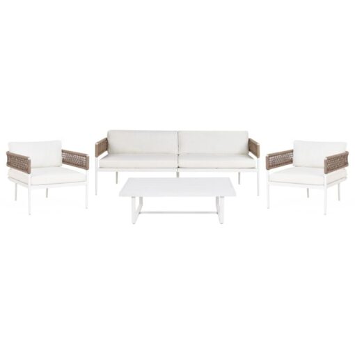 Stylish 4 Seater Garden Sofa Set Aluminium Polyester Sofa 2 Chairs and a Table White Serla