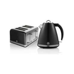 Swan - Retro Black Kettle and 4 Slice Toaster Set