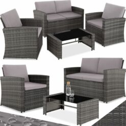 Tectake - Garden Furniture Set Lucca - outdoor sofa, 2 armchairs, coffee side table - garden sofa, rattan sofa, garden sofa set - grey/light grey