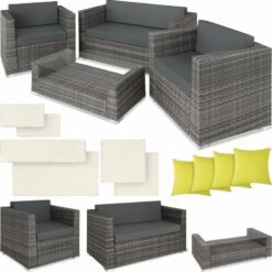 Tectake - Garden Furniture Set Munich - outdoor sofa, 2 armchairs, table, 2 cushion cover sets - garden sofa, rattan sofa, garden sofa set - grey