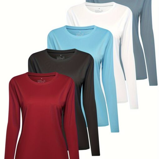 Telaleo Women's Long Sleeve Crew Neck T-shirt - 100% Polyester Casual Knit Fabric Top, Breathable Moisture-wicking Lightweight Tee For Sports,