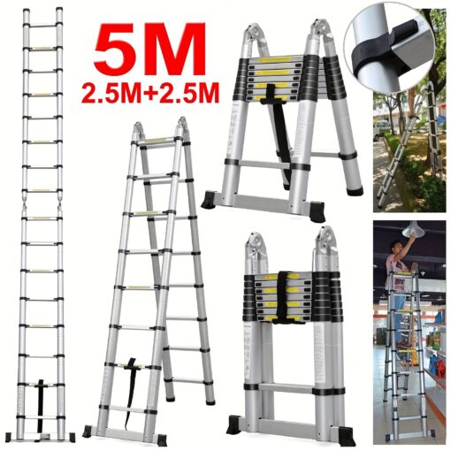 Telescope Ladder, 5m/16.5ft A Frame Aluminum Telescoping Ladder Library Ladder Extension Collapsible Laddern W/non-slip Feet, Portable Multi-purpose