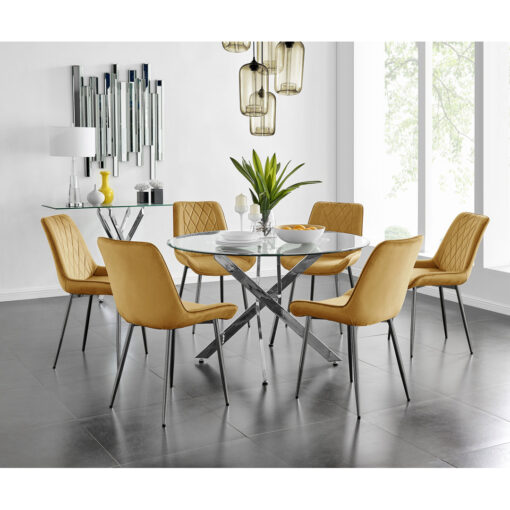 Tierra Modern Chrome Metal & Glass Round Dining Table Set With 6 Luxury Velvet Dining Chairs