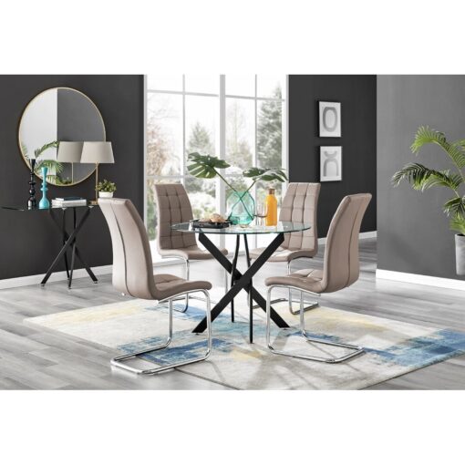 Tierra Modern Chrome Metal & Glass Round Dining Table Set with 4 Modern Faux Leather Chairs