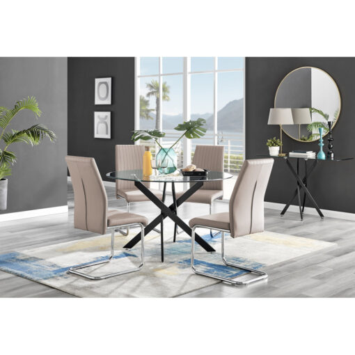 Tierra Modern Chrome Metal & Glass Round Dining Table Set with 4 Upholstered Faux Leather Chairs