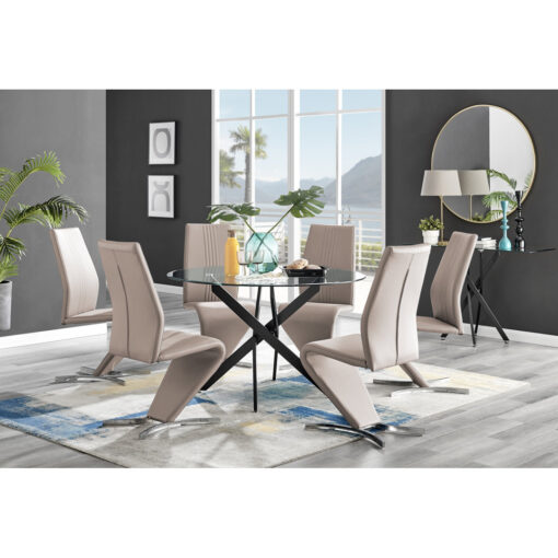 Tierra Modern Chrome Metal & Glass Round Dining Table Set with 6 Modern Design Faux Leather Chairs