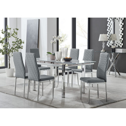 Tierra Modern Glass & Metal Extendable Dining Table Set & 6 Luxury Faux Leather Dining Chairs