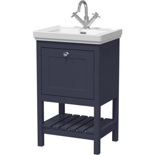 Traditional Furniture Floor Standing 1 Drawer Vanity & 1 Tap Hole Fireclay Basin, 500mm, Indigo Blue