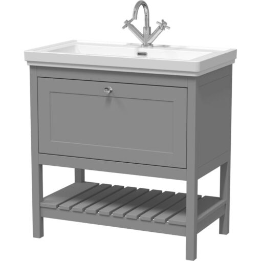 Traditional Furniture Floor Standing 1 Drawer Vanity & 1 Tap Hole Fireclay Basin, 800mm, Cool Grey