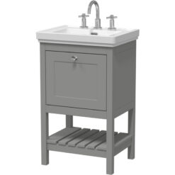 Traditional Furniture Floor Standing 1 Drawer Vanity & 3 Tap Hole Fireclay Basin, 500mm, Cool Grey