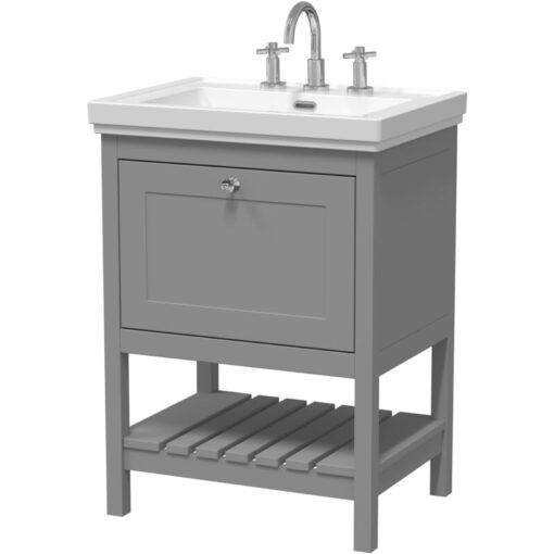 Traditional Furniture Floor Standing 1 Drawer Vanity & 3 Tap Hole Fireclay Basin, 600mm, Cool Grey