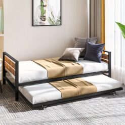 Twin Daybed With Pull Out Trundle/ Steel Slat Support/ Space Saving Adjustable Height Sofa Bed Couch And Multi- Functional Furniture For Living Room