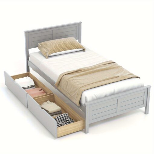 Twin Wooden Platform Bed Frame With 2 Storage Drawers Slats Support White