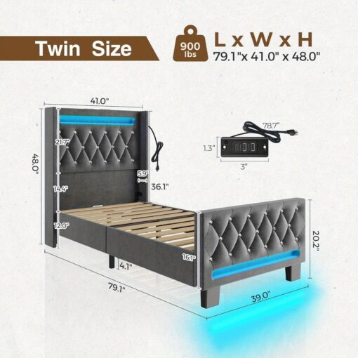 Twin/full/king/queen Size Bed Frame Avaliable With Led Light And Charging Station, Upholstered High Headboard And Footboard, Wood Slats, Noise Free,