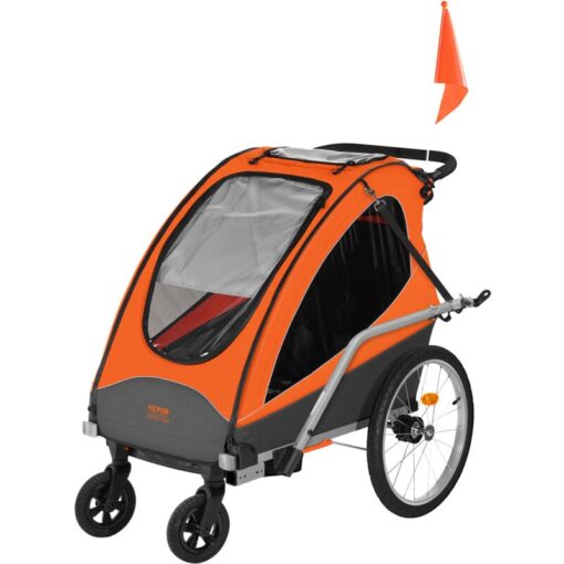 VEVOR Bike Trailer for Toddlers, Kids, Double Seat, 120 lbs Load, 2-In-1 Canopy Carrier Converts to Stroller, Tow Behind Foldable Child Bicycle