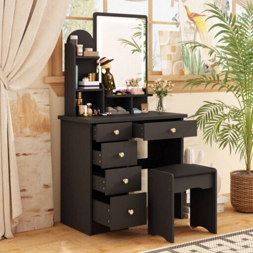 Vanity Desk, Vanity Table Set With Led Lighted Mirror, Makeup Vanity Dressing Table With 5 Drawers, Storage Shelves And Cushioned Stool, Black