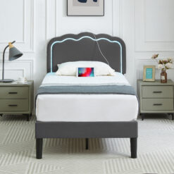 Vecelo Bed Frame Twin/full/queen Size With Adjustable Upholstered Headboard, Platform Bed With Charging Station, Grey