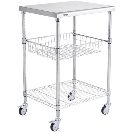 Vevor Kitchen Utility Cart, 3 Tiers, Wire Rolling Cart with 470LBS Capacity, Steel Service Cart on Wheels, Metal Storage Trolley with 76mm Basket