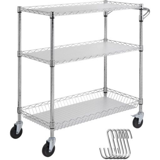 Vevor Kitchen Utility Cart, 3 Tiers, Wire Rolling Cart with 661LBS Capacity, Steel Service Cart on Wheels, Metal Storage Trolley with 80mm Basket