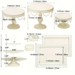 Vilavita Set Of 8pcs Dessert Table Display Set/ Party Table Centerpiece, Cake Stand Romantic Pendant Decoration Cream White Round Metal Tray