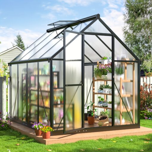 Viwat 6x7.5 Ft Greenhouse For Outdoors, Polycarbonate Greenhouse Setup Structure And Roof Vent, Aluminum Large Walk-in Greenhouse For Outside Garden