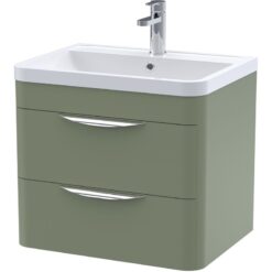 Wall Hung 2 Drawer Vanity Unit with Polymarble Basin - 600mm - Satin Green