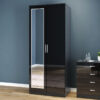 Wardrobe 2 Doors High Gloss Bedroom Storage Furniture with Shelf and Hanging Rail, Black with Mirror - Elegant