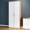 Wardrobe 2 Doors High Gloss Bedroom Storage Furniture with Shelf and Hanging Rail, White/Oak - Elegant