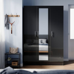 Wardrobe Triple Door Black High Gloss Bedroom Closet Storage Furniture with Mirror and Shelves Metal Handles Hanging Rail 1200 x 500 x 1800 mm