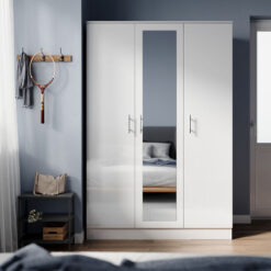 Wardrobe Triple Door with Mirror White High Gloss Bedroom Closet Storage Furniture with Shelves, Metal Handles, Hanging Rail, 1200 x 500 x 1800 mm