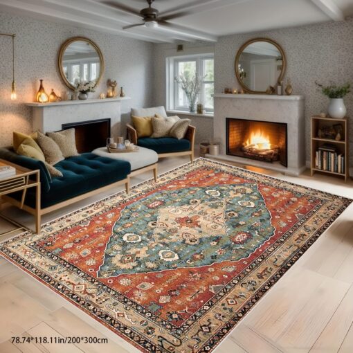 Washable Area Rug, Vintage Non-slip Carpet For Hotel Living Room Bedroom Laundry Room Dining Room