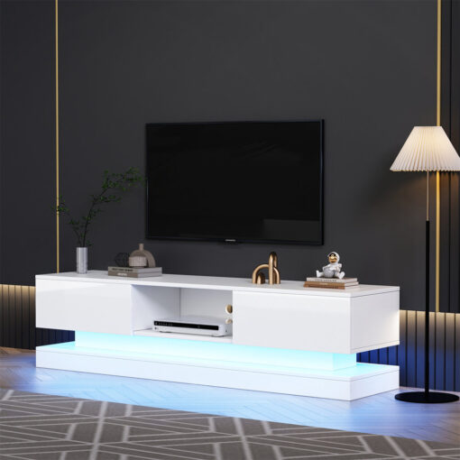 White 160Cm TV Stand With RGB LED Lights, High Gloss Finish, And Storage For 70-79